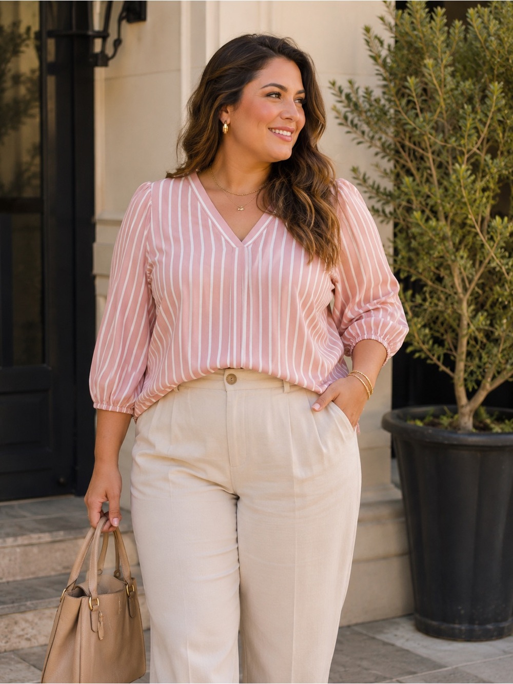 Adrianna Papell Cream High-Waist Trousers with Pink Striped Blouse